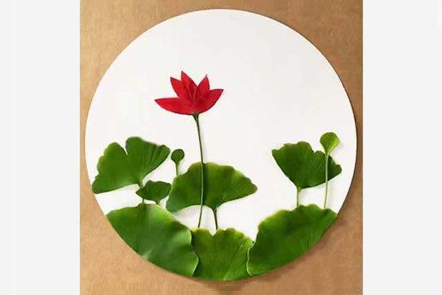 银杏叶手工树叶粘贴画荷花简单又好看
