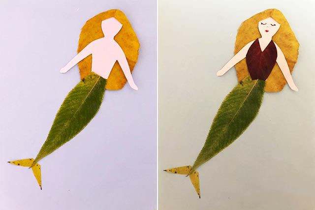 幼儿园秋天手工制作：树叶手工粘贴画美人鱼