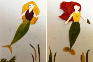 幼儿园秋天手工制作：树叶手工粘贴画美人鱼(步