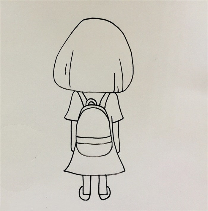 小女孩和猫背影简笔画教程图片