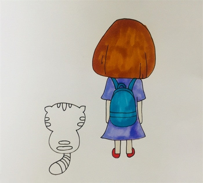 小女孩和猫背影简笔画教程图片