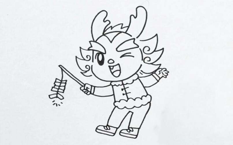 龙年拿着鞭炮的可爱小龙卡通简笔画教程图片