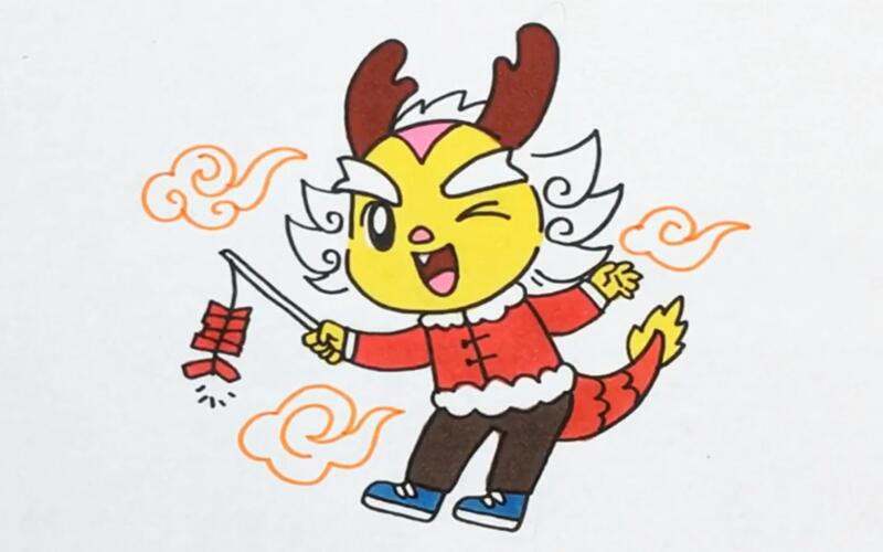 龙年拿着鞭炮的可爱小龙卡通简笔画教程图片