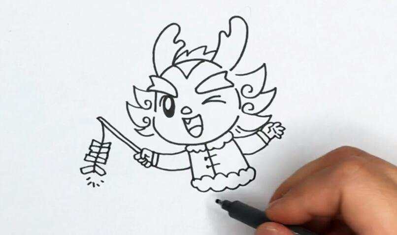 龙年拿着鞭炮的可爱小龙卡通简笔画教程图片