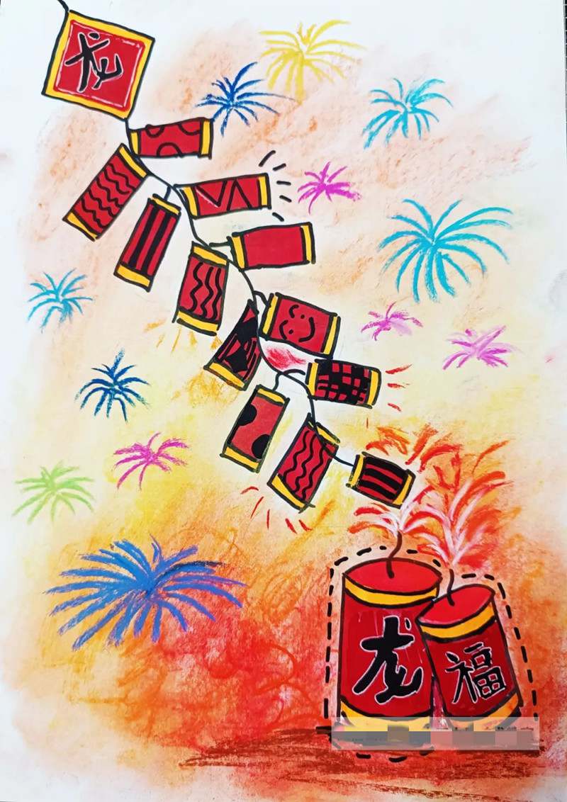 2024龙年春节放鞭炮简笔画创意美术教程