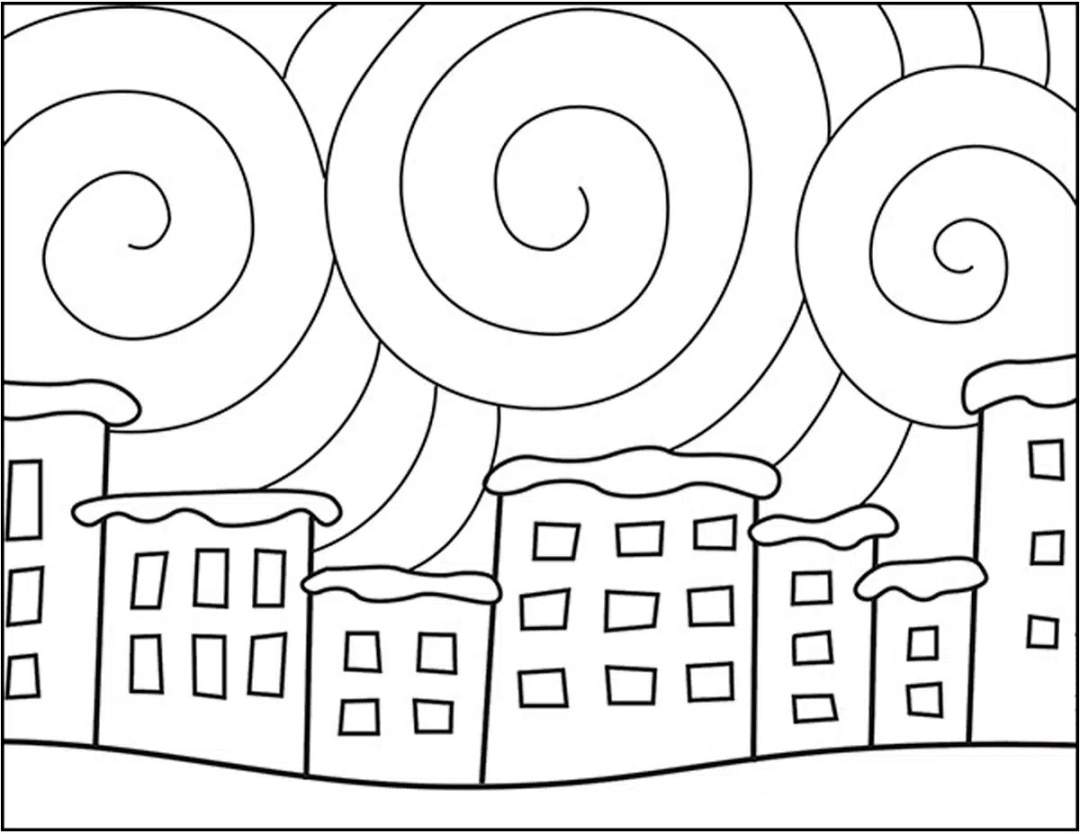 冬天雪景雪中城市简笔画《雪城》