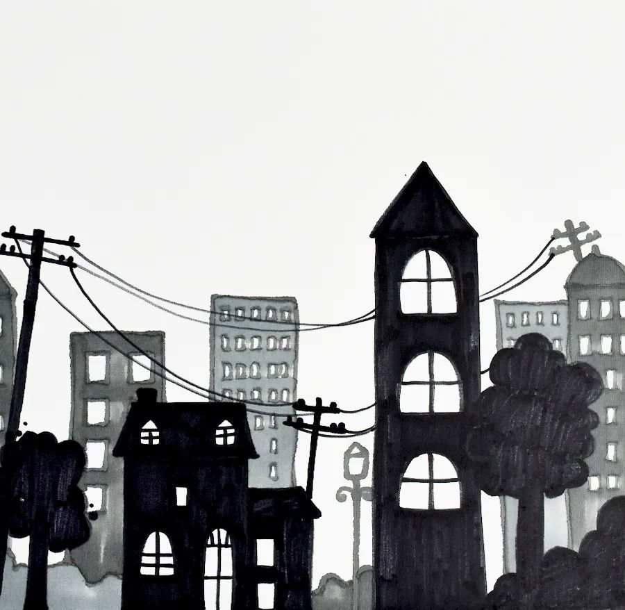 油画棒作品：烟花下的城市