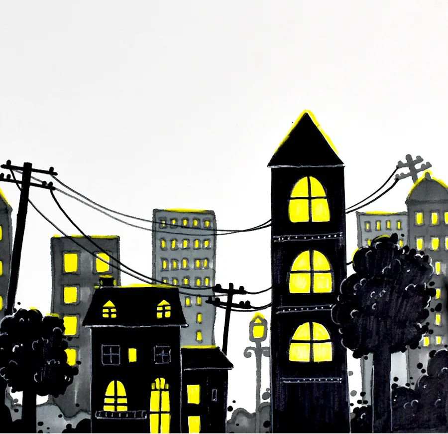 油画棒作品：烟花下的城市