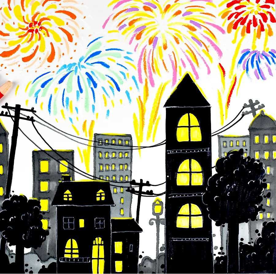 油画棒作品：烟花下的城市