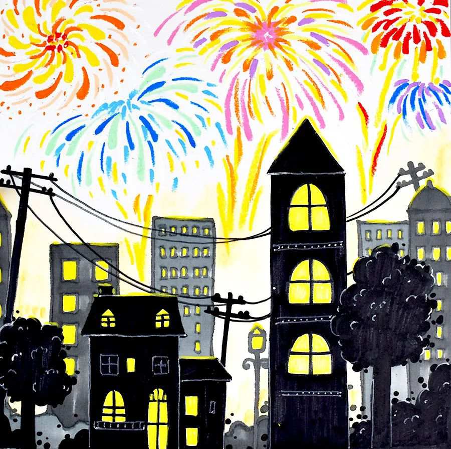 油画棒作品：烟花下的城市