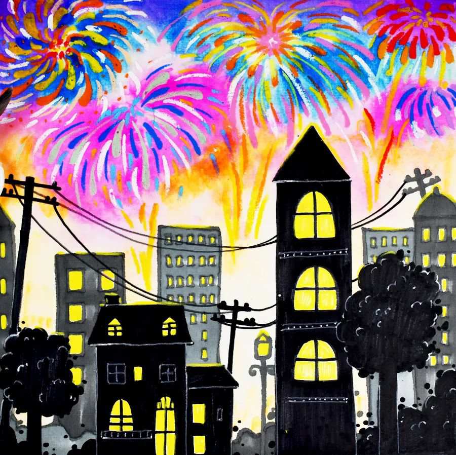 油画棒作品：烟花下的城市