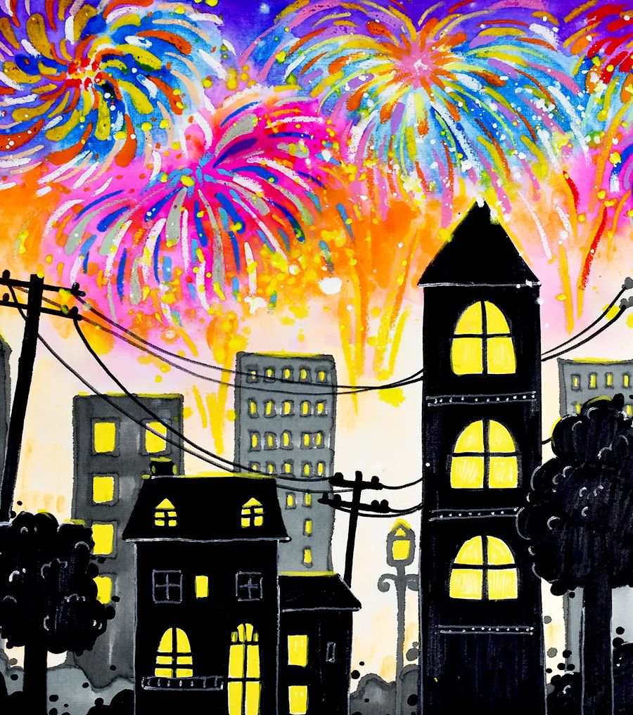 油画棒作品：烟花下的城市