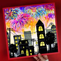 油画棒作品：烟花下的城市