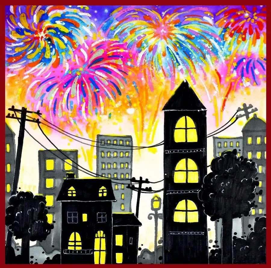 油画棒作品：烟花下的城市