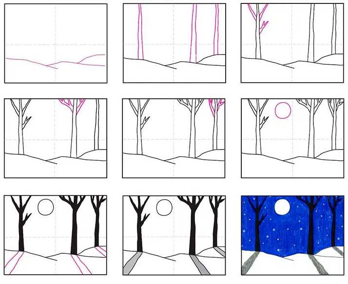 儿童冬季风景画简单又漂亮《月亮下的雪景》