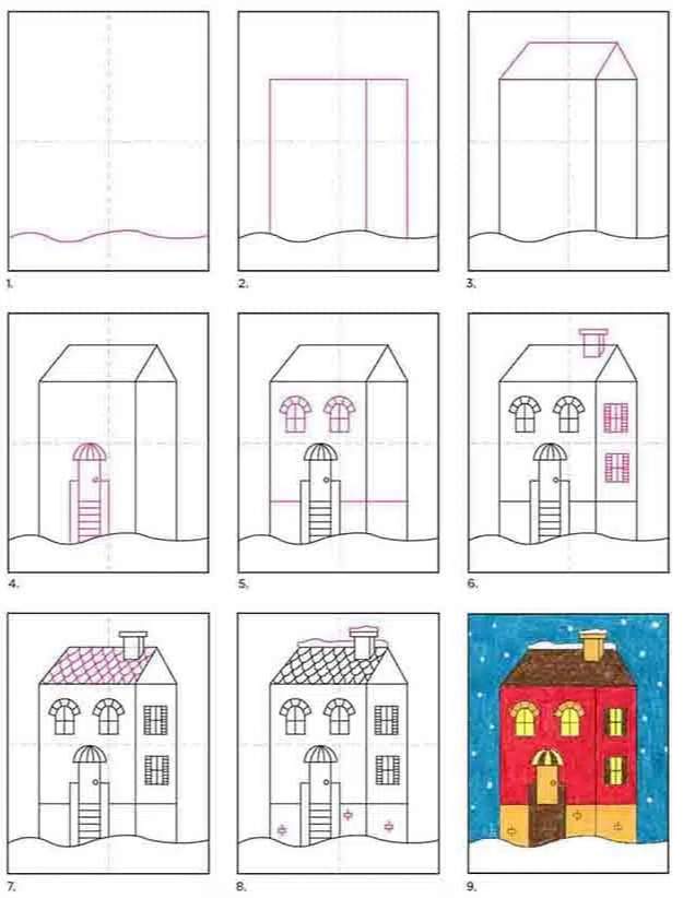 冬天雪里的房屋简笔画