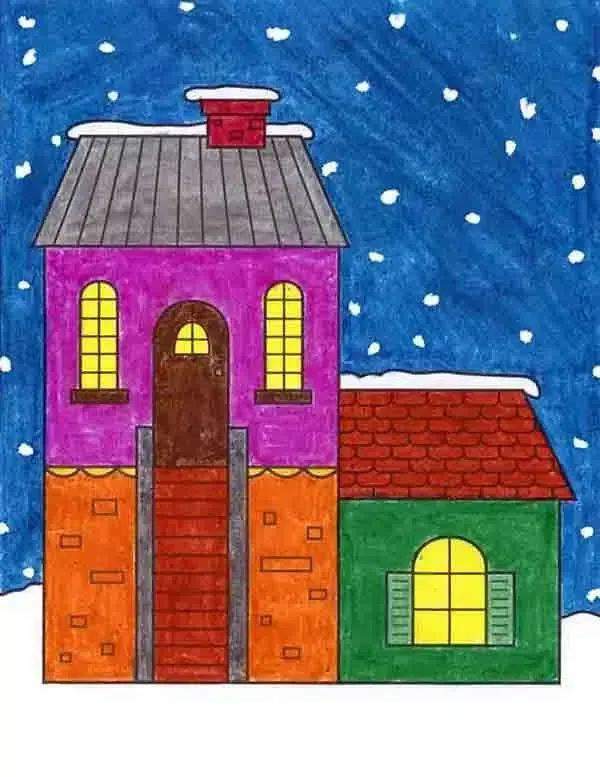 冬天雪里的房屋简笔画