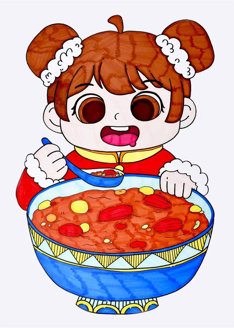 腊八节创意美术《小孩抱着腊八粥》