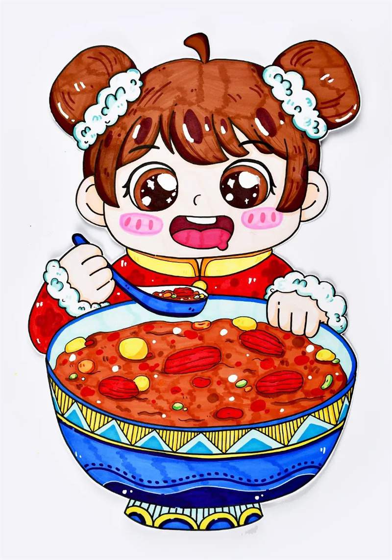 腊八节创意美术《小孩抱着腊八粥》