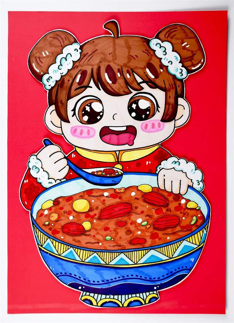 腊八节创意美术《小孩抱着腊八粥》