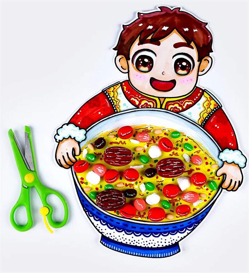 腊八节创意美术《小孩抱着腊八粥》