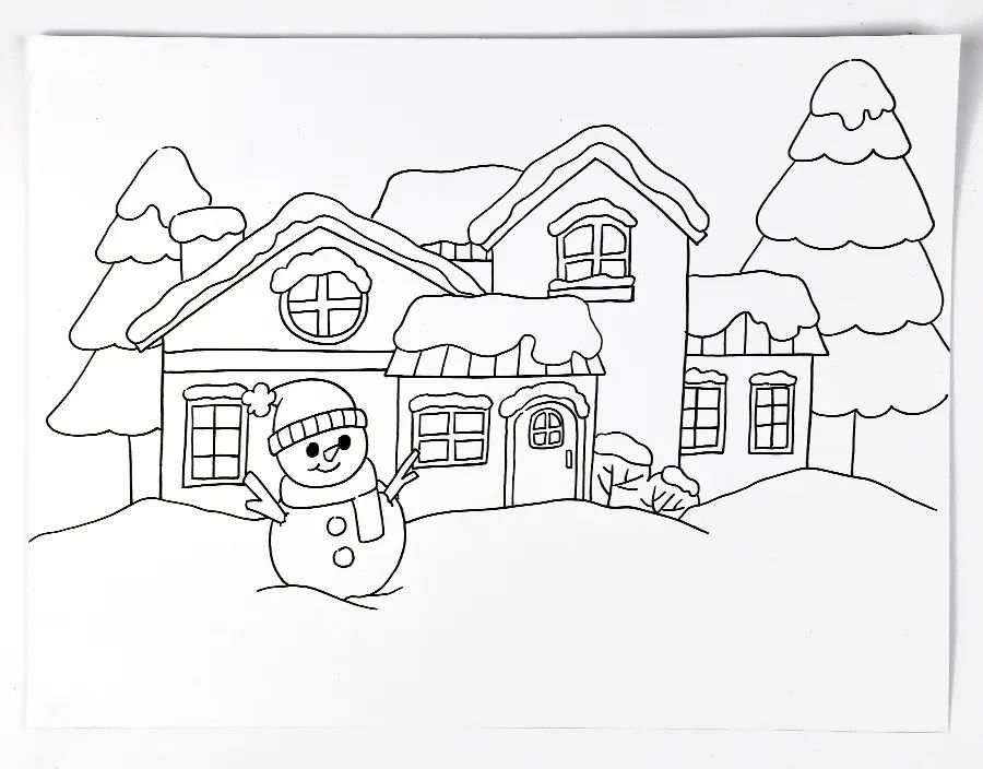 冬天的乡村房屋雪景图片简笔画