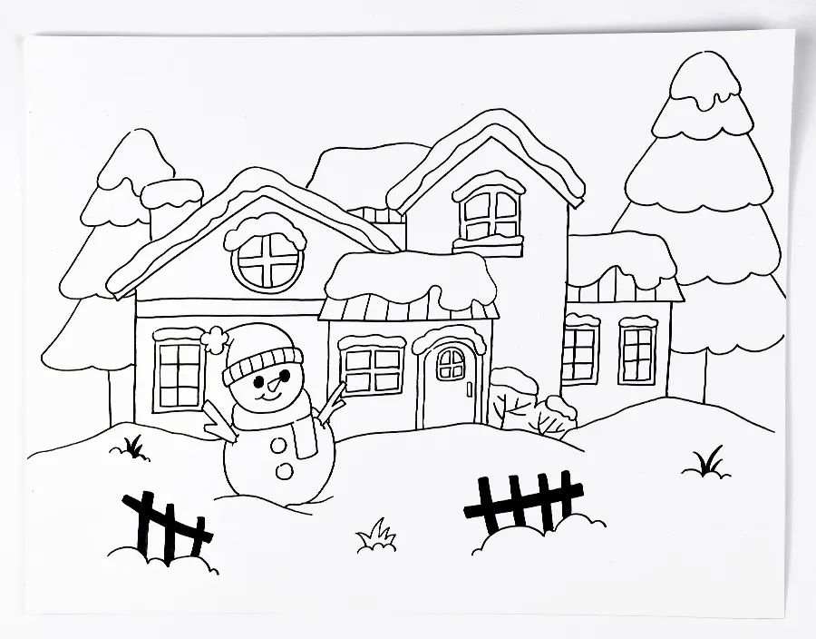 冬天的乡村房屋雪景图片简笔画