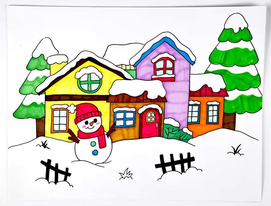 冬天的乡村房屋雪景图片简笔画