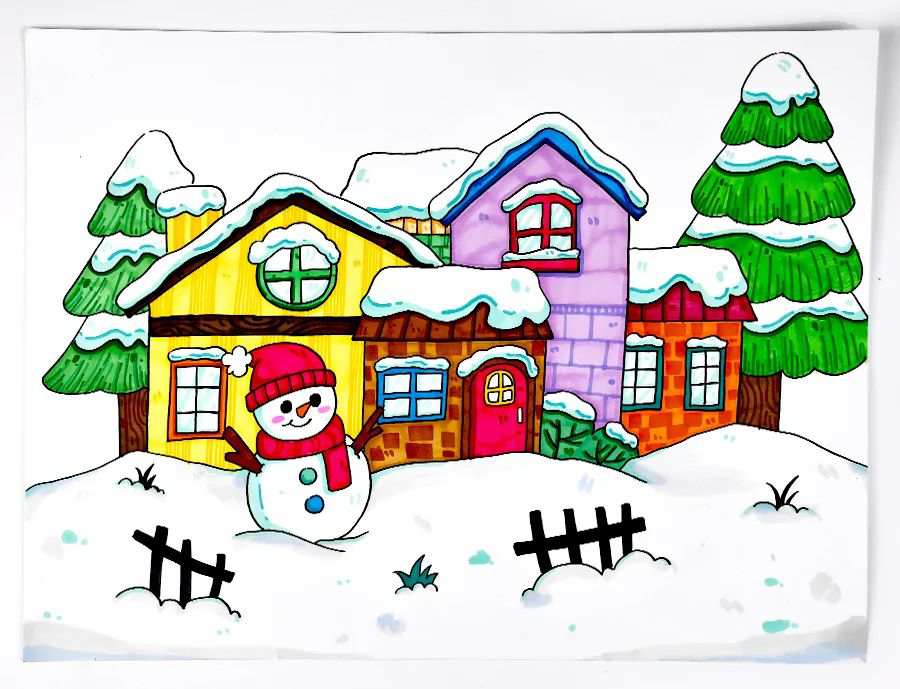 冬天的乡村房屋雪景图片简笔画