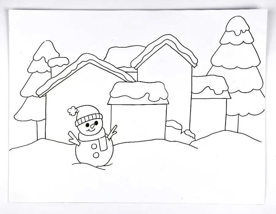 冬天的乡村房屋雪景图片简笔画