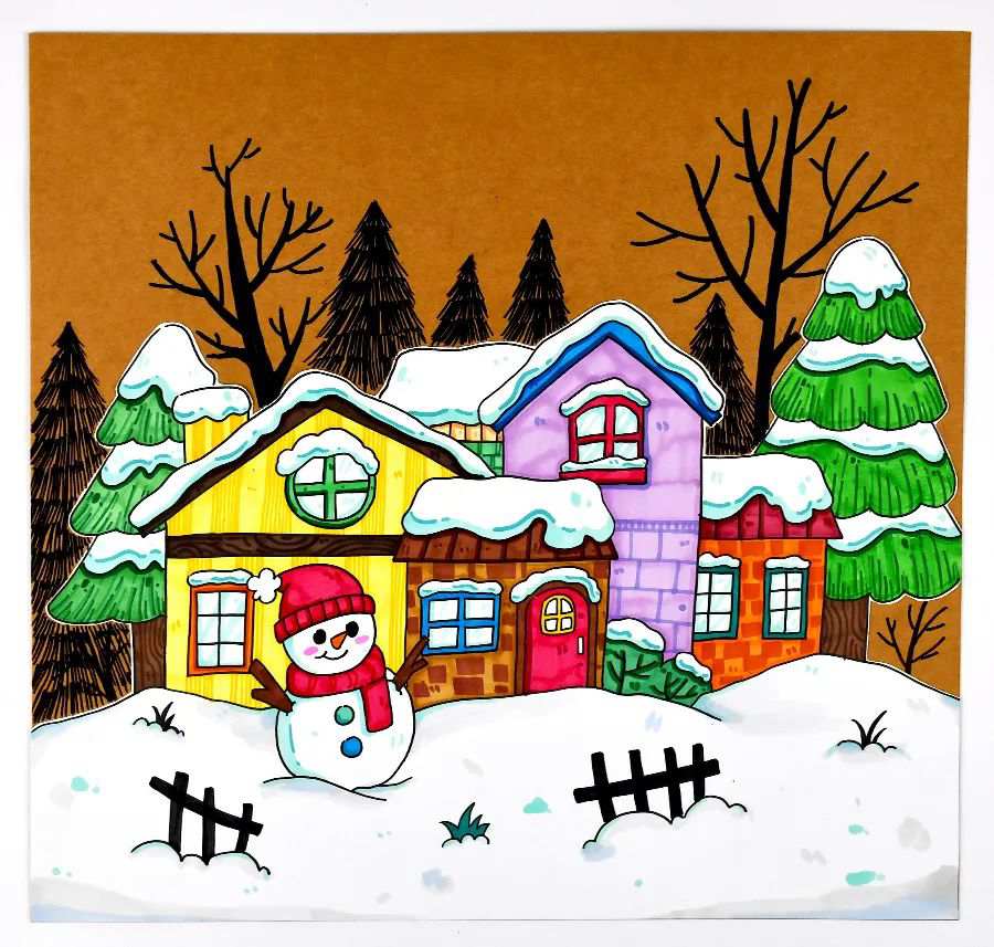 冬天的乡村房屋雪景图片简笔画