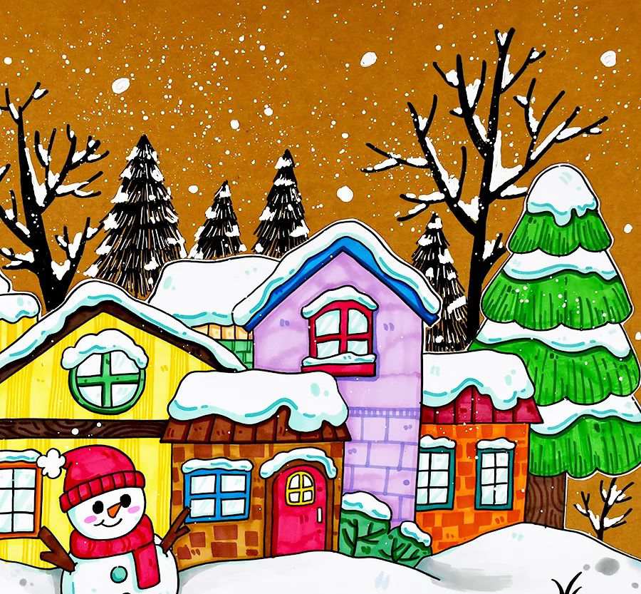 冬天的乡村房屋雪景图片简笔画