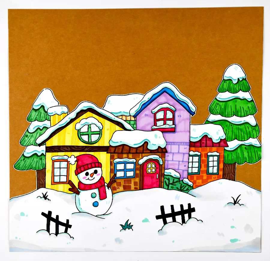 冬天的乡村房屋雪景图片简笔画