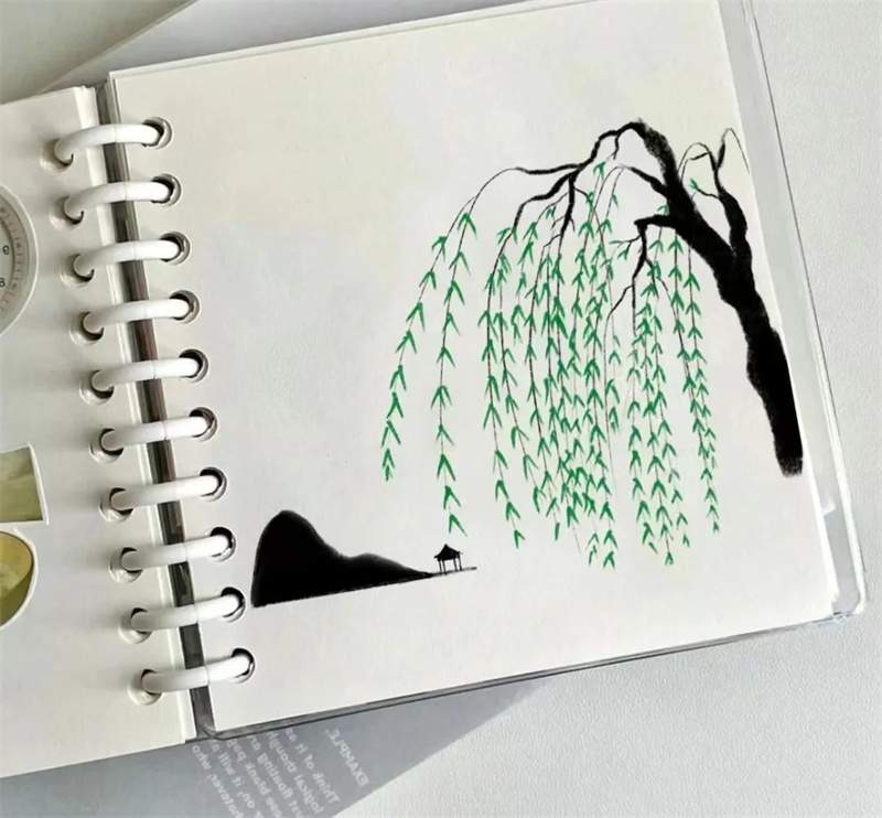 柳树简笔风景画：春风又绿江南岸