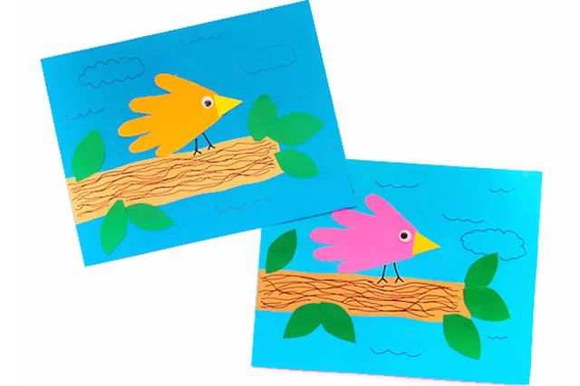 手印画手工制作：拼贴画树上的小鸟(步骤图解)
