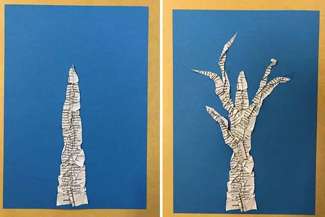 旧报纸粘贴画手工制作三维立体白桦树