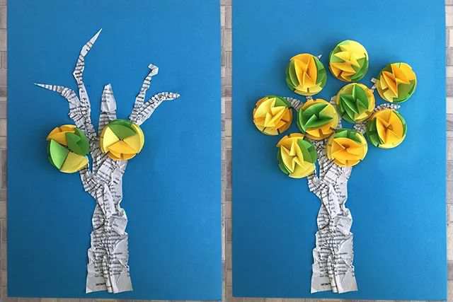 旧报纸粘贴画手工制作三维立体白桦树