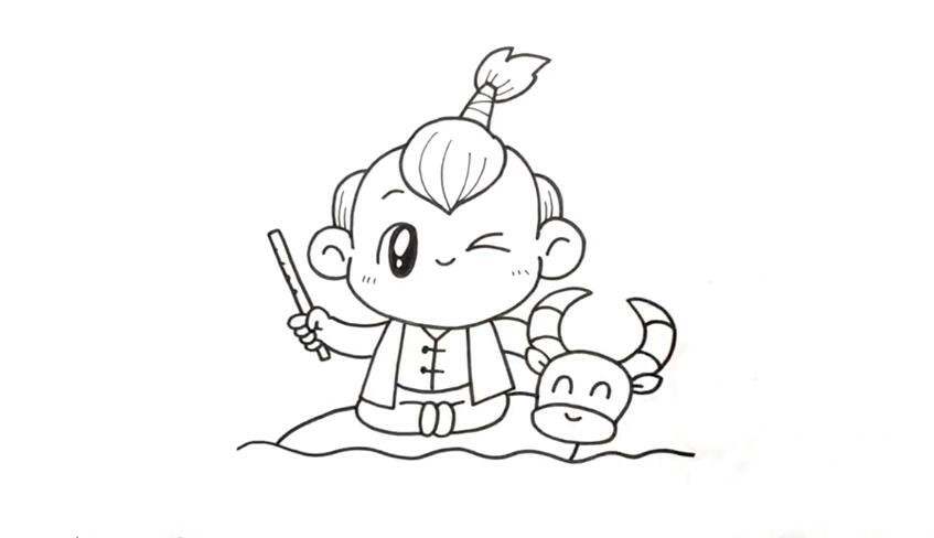 儿童简笔画清明节：牧童骑黄牛