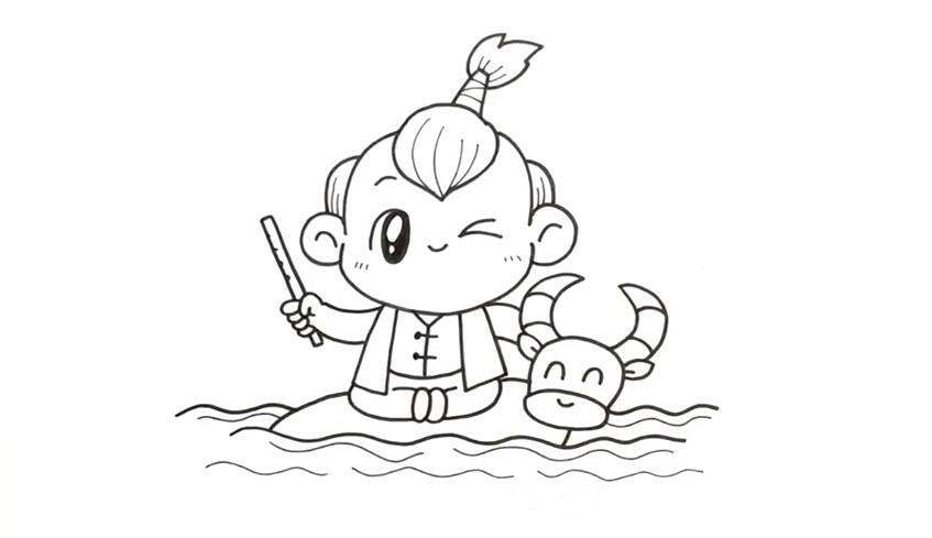 儿童简笔画清明节：牧童骑黄牛