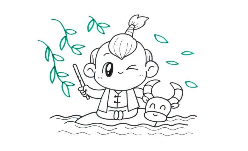儿童简笔画清明节：牧童骑黄牛