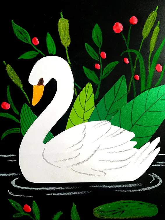 少儿美术课程 创意拼贴画《洁白优雅的白天鹅》