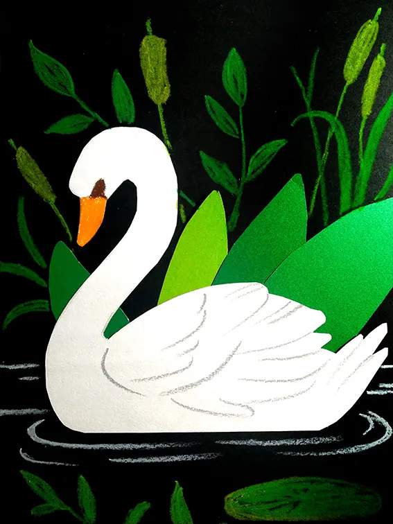少儿美术课程 创意拼贴画《洁白优雅的白天鹅》