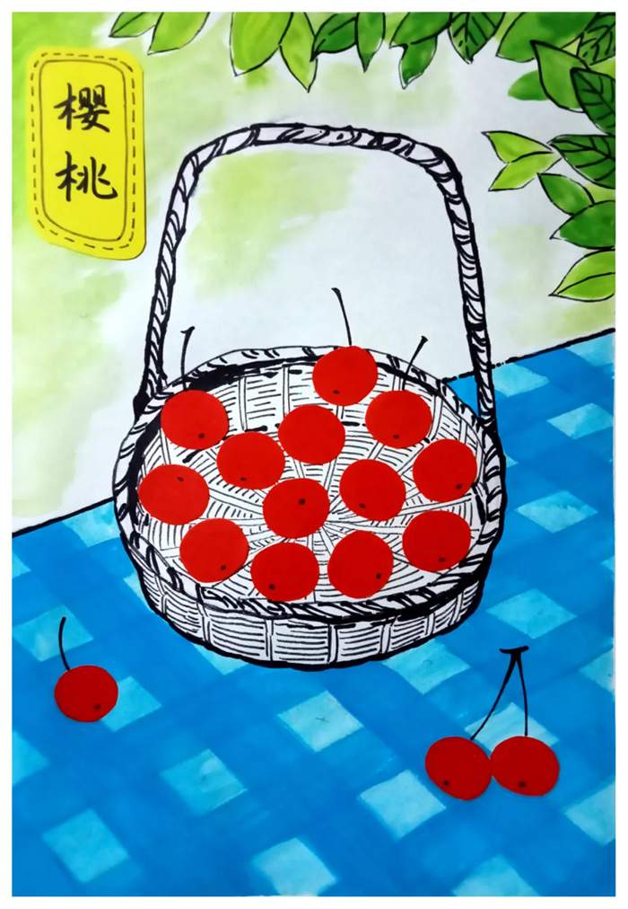 少儿美术课程 水粉画+拼贴画《提篮里的红樱桃》