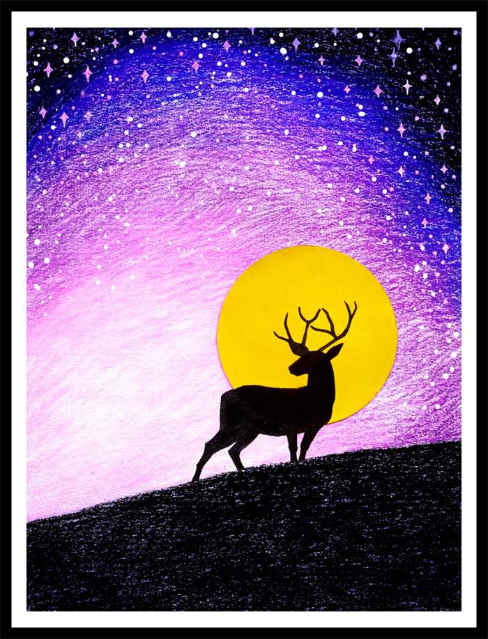 少儿美术课程 油画棒+剪影技法《星空下的驯鹿》