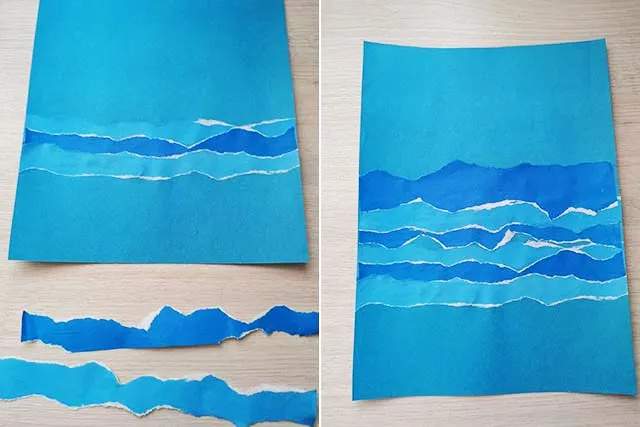 简单手工撕纸贴画大海中的帆船