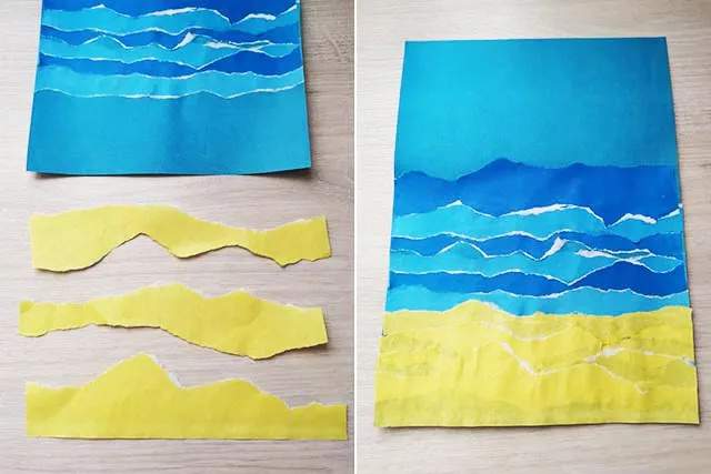 简单手工撕纸贴画大海中的帆船