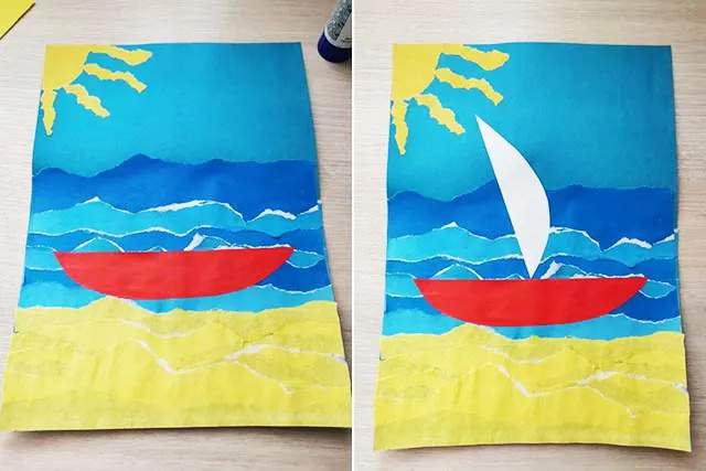 简单手工撕纸贴画大海中的帆船
