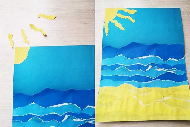 简单手工撕纸贴画大海中的帆船