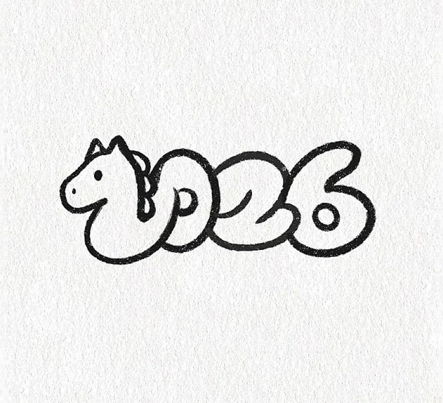 2026马年春节插画带2026元素艺术字简笔画